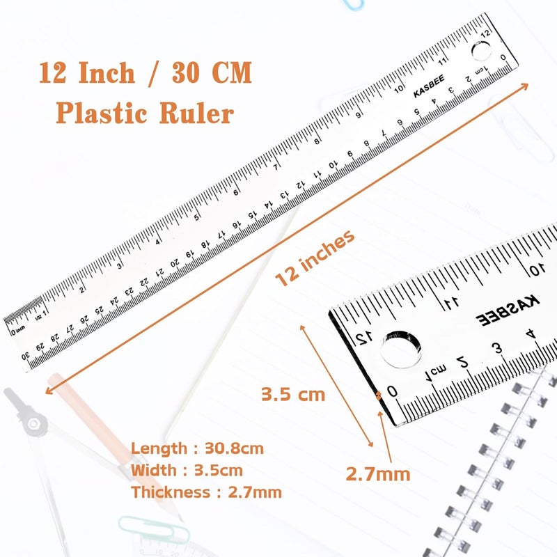 KASBEE Plastic Ruler 12 inch, Clear Rulers with Hanging Holes, Inches, Centimeters, Millimeters, Straight Measuring Tools for Students, School and Office, Pack of 2 - Image 3